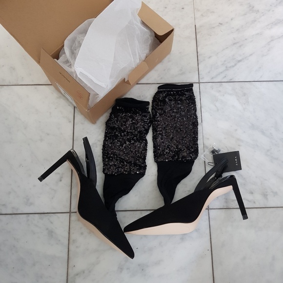 Zara Sequinned Sock Style Slingback Court Heels - Picture 7 of 8